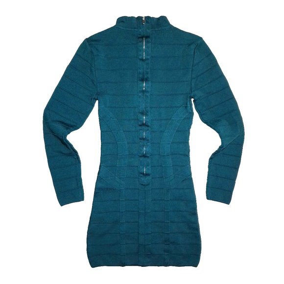 Bebe Dark Teal Mock Neck Cutout Chest Long-Sleeve Stretchy Ribbed Mini Dress - S - Picture 6 of 9
